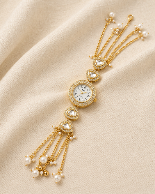 Kashmiri Kundan Pearl Bracelet Watch