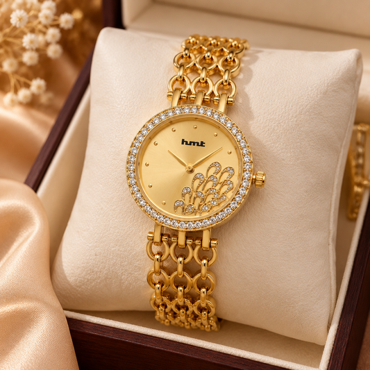 Golden Crystal Studded Bracelet Watch For Women