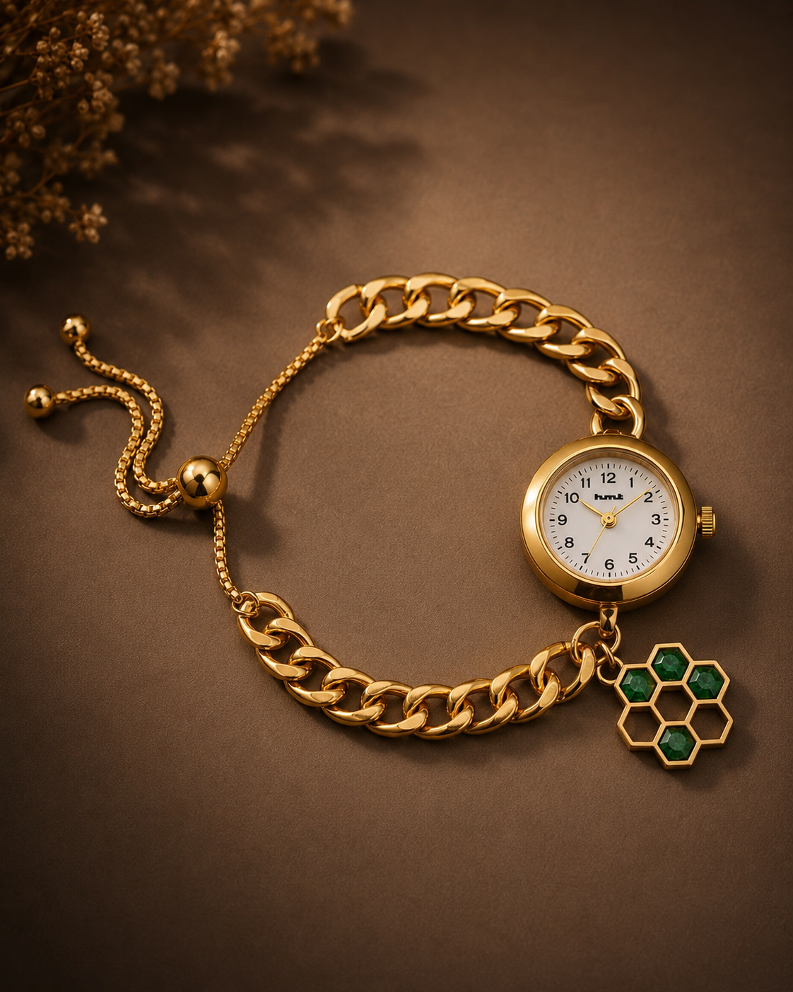 Anti-Tarnish Premium Women's Gold Honeycomb Green Stone Charm Bracelet Watch