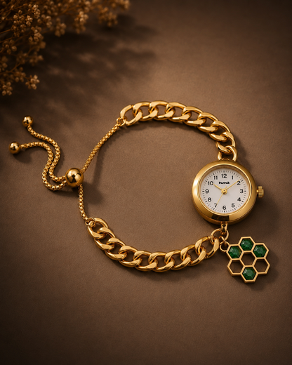 Anti-Tarnish Premium Women's Gold Honeycomb Green Stone Charm Bracelet Watch