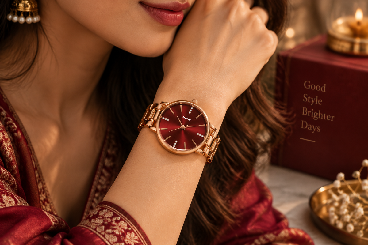 Rose Gold Red Dial Premium Bracelet Watch for Women