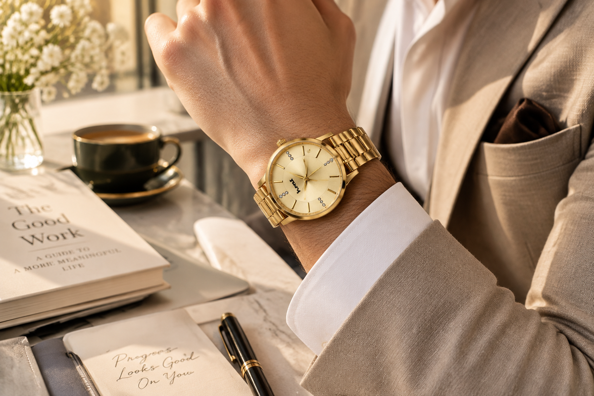 Golden Dial Premium Stainless Steel Bracelet Watch for Men and Women