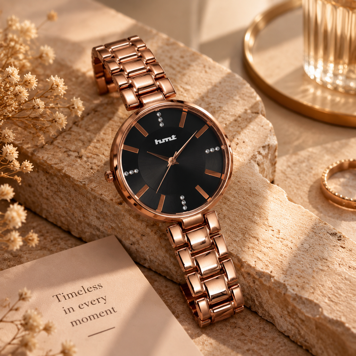 Rose Gold Black Dial Premium Bracelet Watch for Women