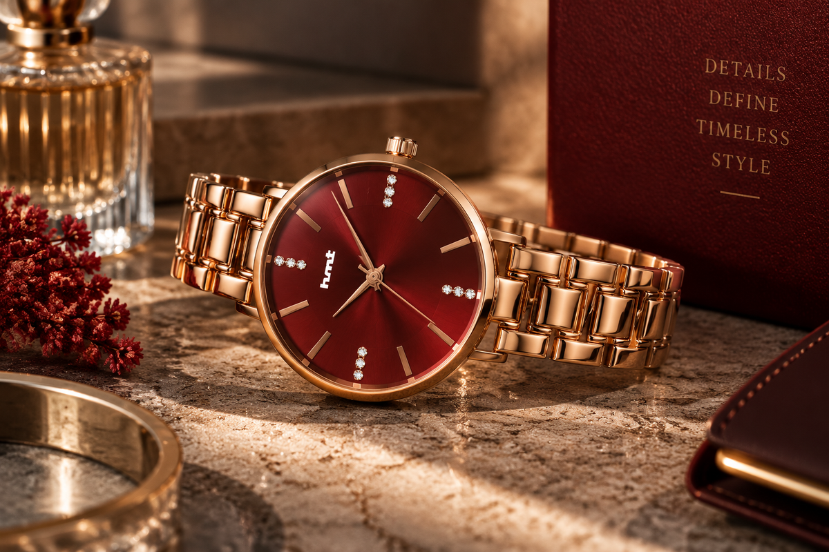 Rose Gold Red Dial Premium Bracelet Watch for Women