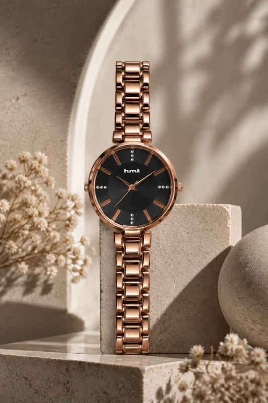 Rose Gold Black Dial Premium Bracelet Watch for Women