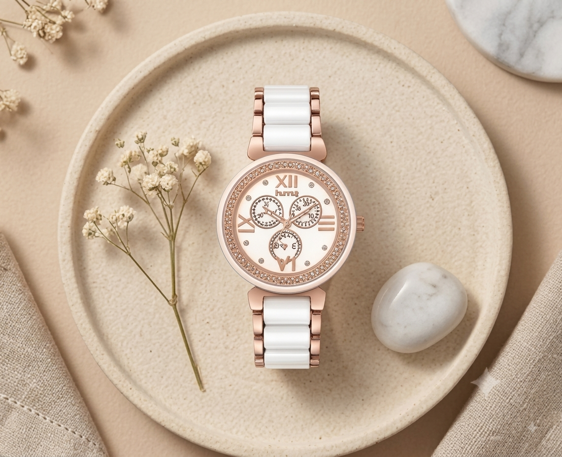 White Premium Chrono Watch for women with Crystal Bezel