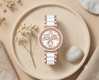 White Premium Chrono Watch for women with Crystal Bezel