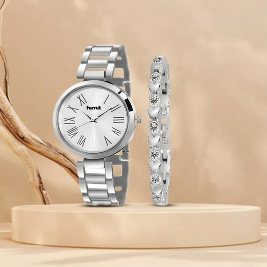 Silver Dial Women's Watch Set with Heart Bracelet