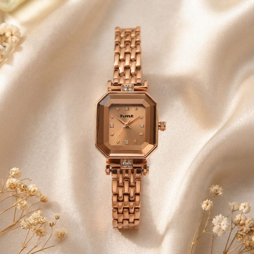 Rose Gold Octagonal Crystal Dial Watch