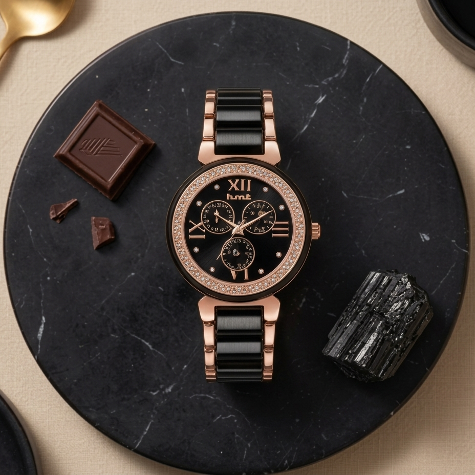 Black Premium Chrono Watch for women with Crystal Bezel