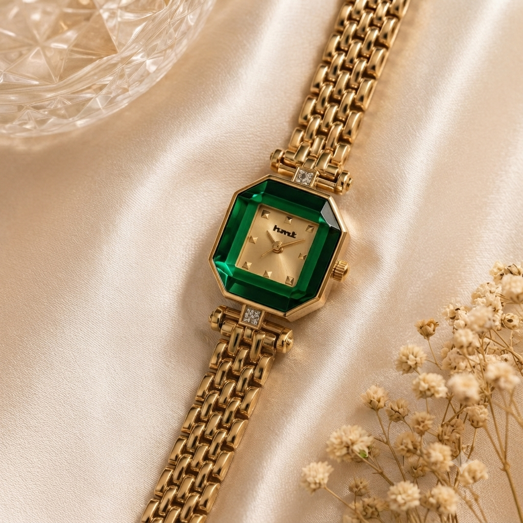 Gold and Green Octagonal Crystal Watch