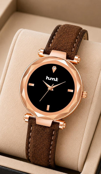 Rose Gold Black Dial Watch with Brown Leather Strap
