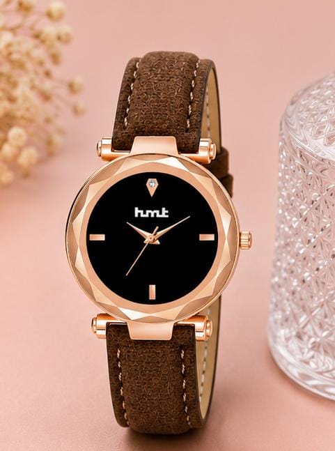 Rose Gold Black Dial Watch with Brown Leather Strap