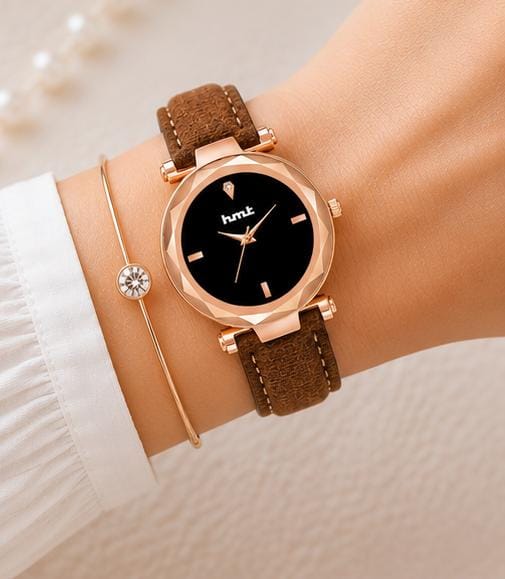 Rose Gold Black Dial Watch with Brown Leather Strap