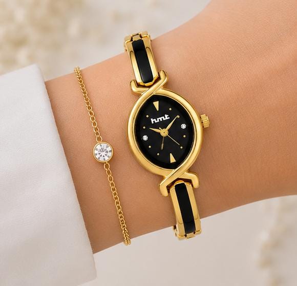 Gold-Tone Watch with Black Dial