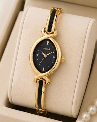 Gold-Tone Watch with Black Dial