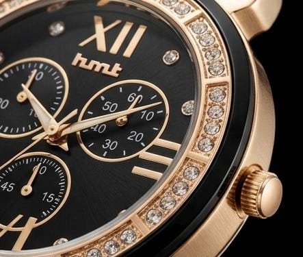 Black Premium Chrono Watch for women with Crystal Bezel