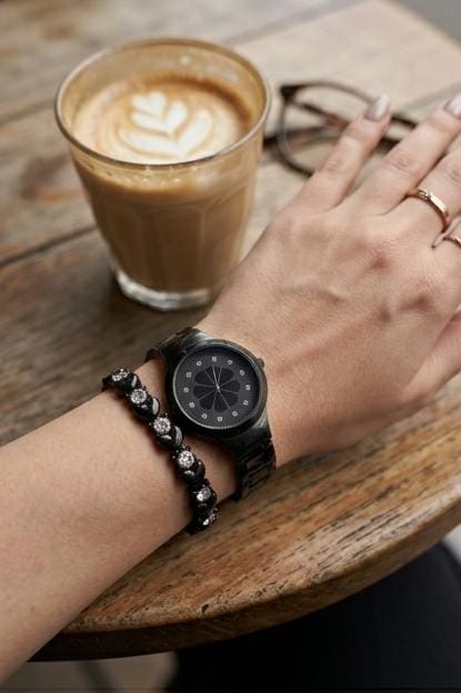 Black Watch With Heart-Link Bracelet Set