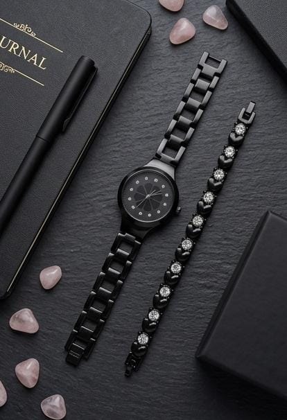 Black Watch With Heart-Link Bracelet Set