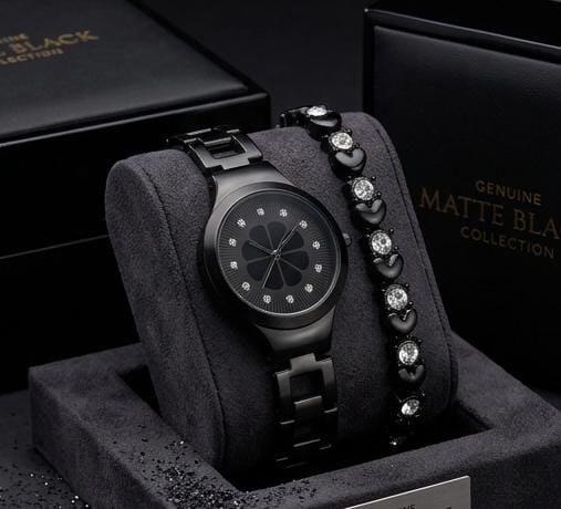 Black Watch With Heart-Link Bracelet Set