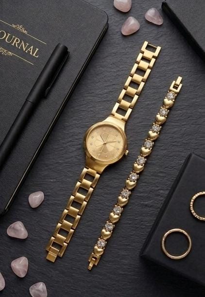 Gold Watch With Heart-Link Bracelet Set
