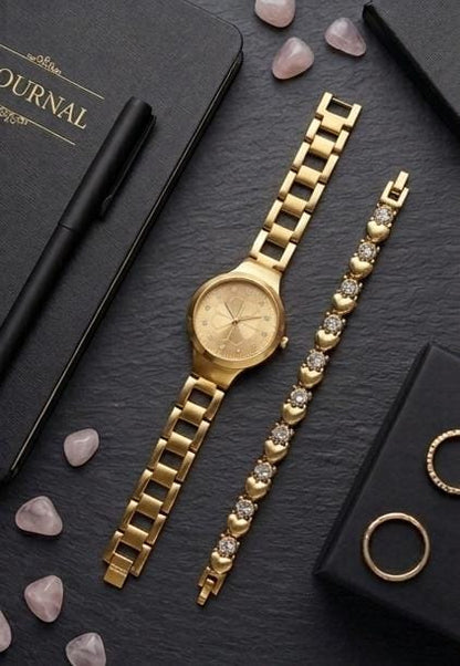 Gold Watch With Heart-Link Bracelet Set