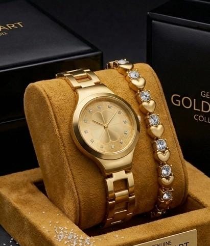 Gold Watch With Heart-Link Bracelet Set