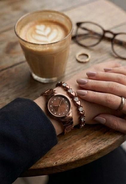 Rose Gold Watch With Heart-Link Bracelet Set