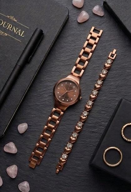 Rose Gold Watch With Heart-Link Bracelet Set