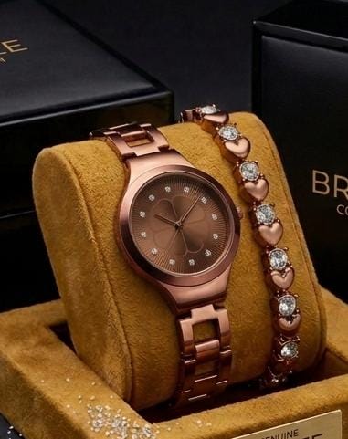 Rose Gold Watch With Heart-Link Bracelet Set