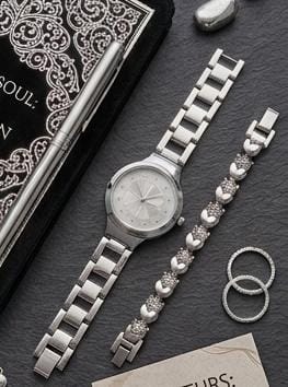 Silver Watch With Heart-Link Bracelet Set