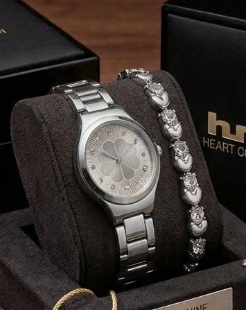 Silver Watch With Heart-Link Bracelet Set