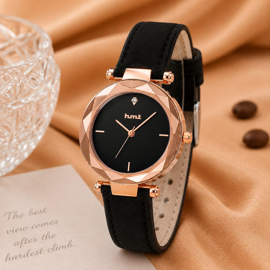 Rose Gold Faceted Bezel Watch with Black Leather Strap