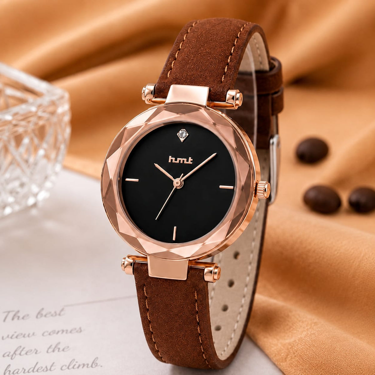 Rose Gold Faceted Bezel Watch with Brown Leather Strap