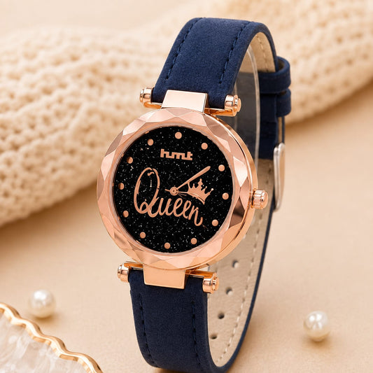 "Queen" Rose Gold Blue Leather Watch
