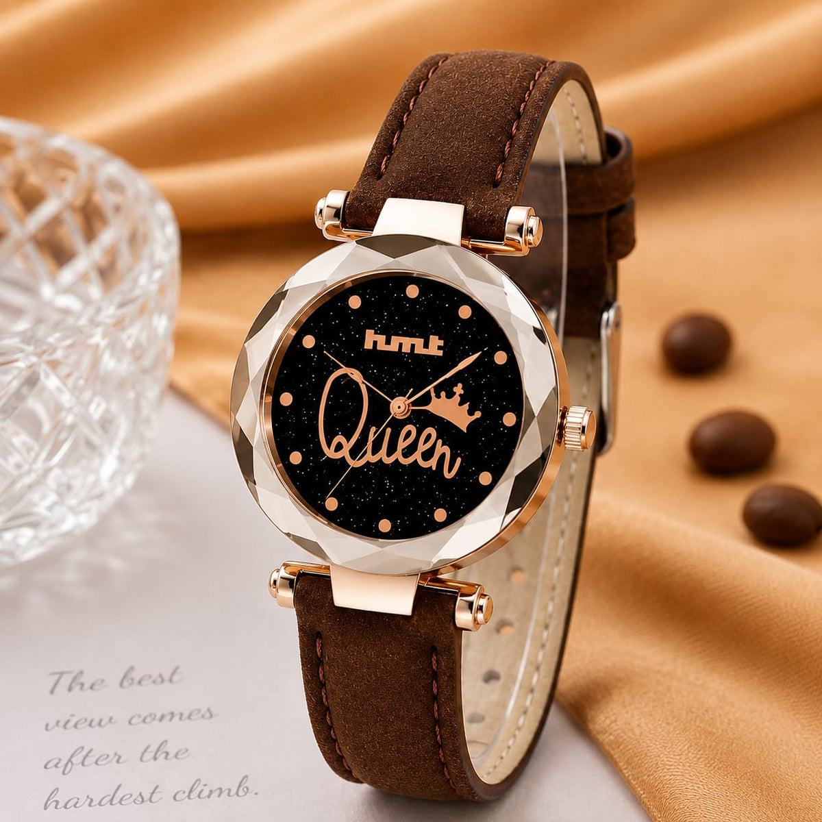 "Queen" Rose Gold Brown Leather Watch