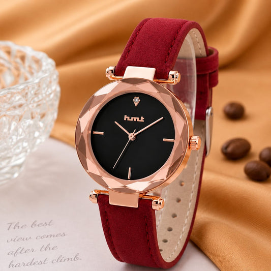 Rose Gold Faceted Bezel Watch with Red Leather Strap