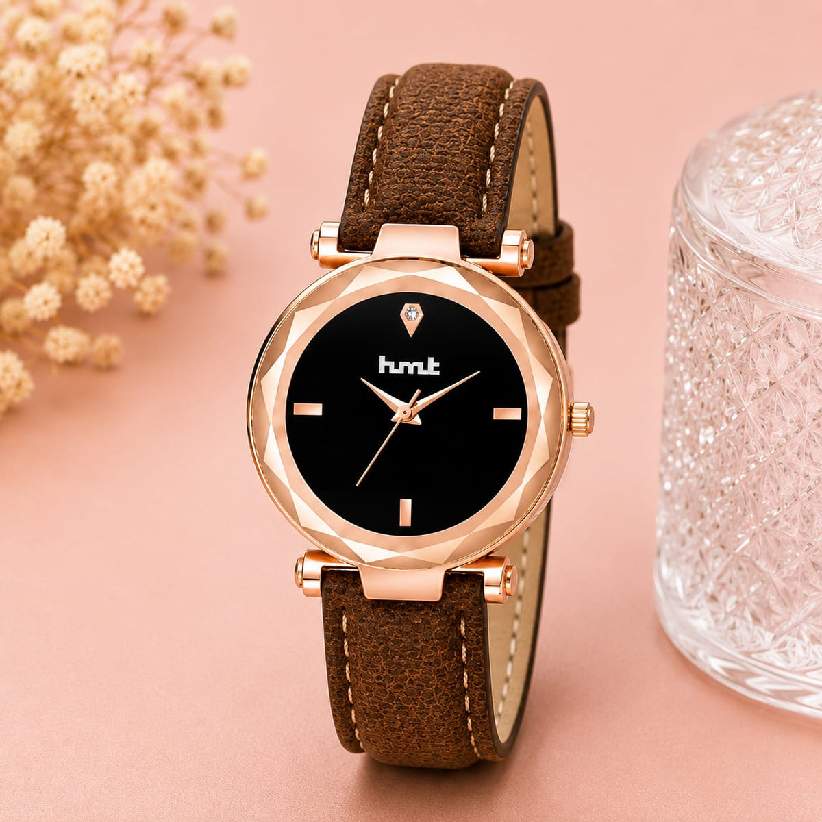Rose Gold Black Dial Watch with Brown Leather Strap