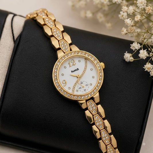 Gold Crystal Studded Bracelet Watch For Women