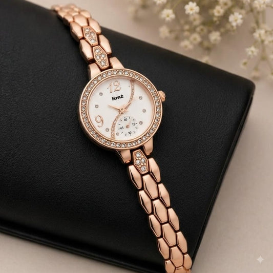 Rose Gold Crystal Studded Bracelet Watch For Women