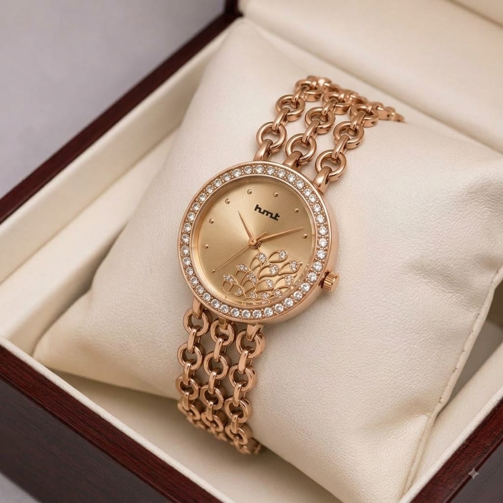 Rose Gold Crystal Studded Bracelet Watch For Women