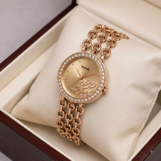 Rose Gold Crystal Studded Bracelet Watch For Women