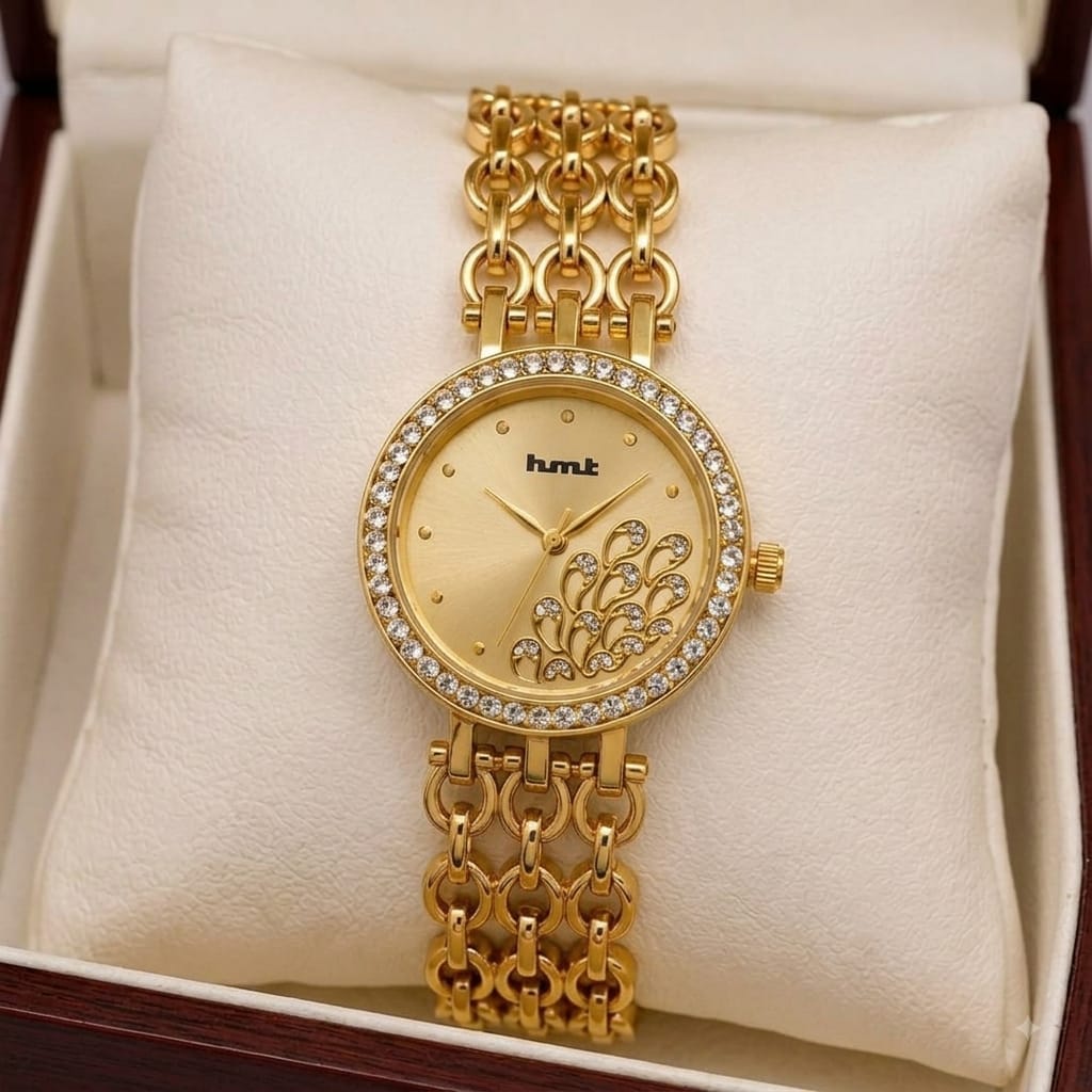 Golden Crystal Studded Bracelet Watch For Women