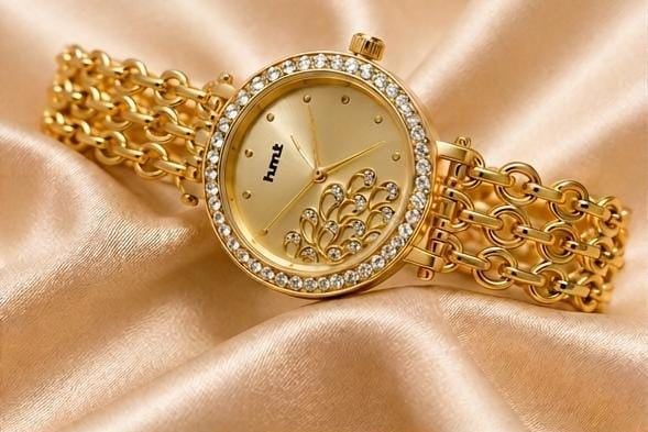Golden Crystal Studded Bracelet Watch For Women