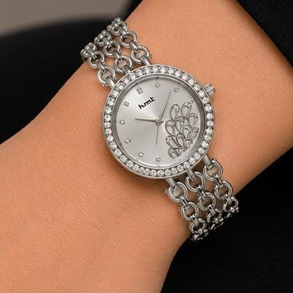 Silver Crystal Studded Bracelet Watch For Women