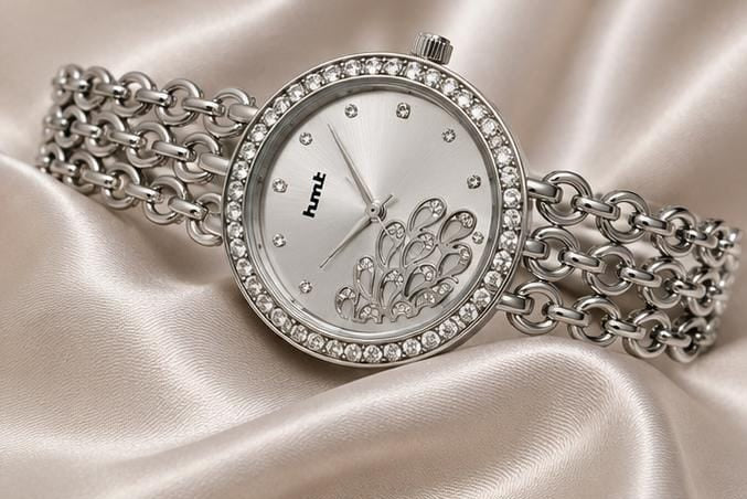 Silver Crystal Studded Bracelet Watch For Women