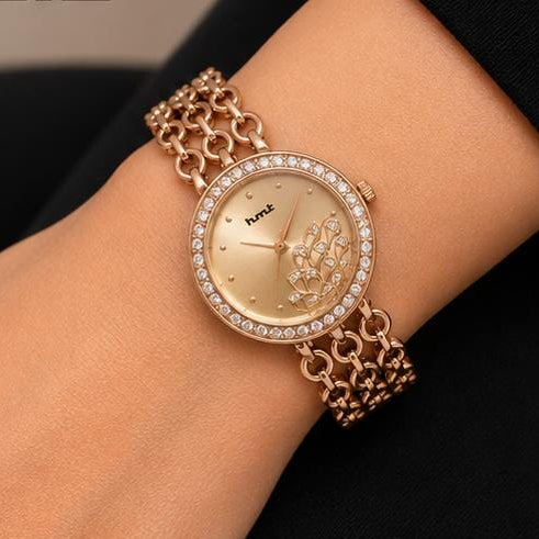 Rose Gold Crystal Studded Bracelet Watch For Women