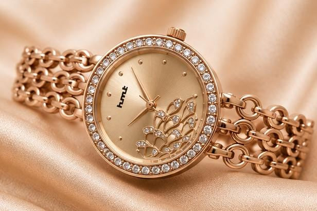 Rose Gold Crystal Studded Bracelet Watch For Women