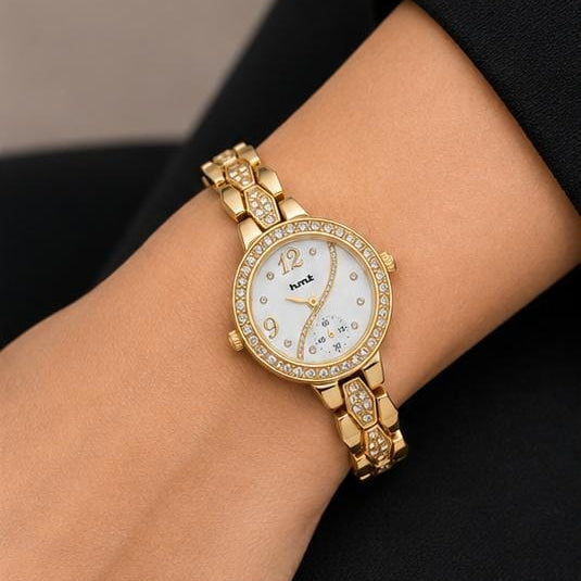 Gold Crystal Studded Bracelet Watch For Women