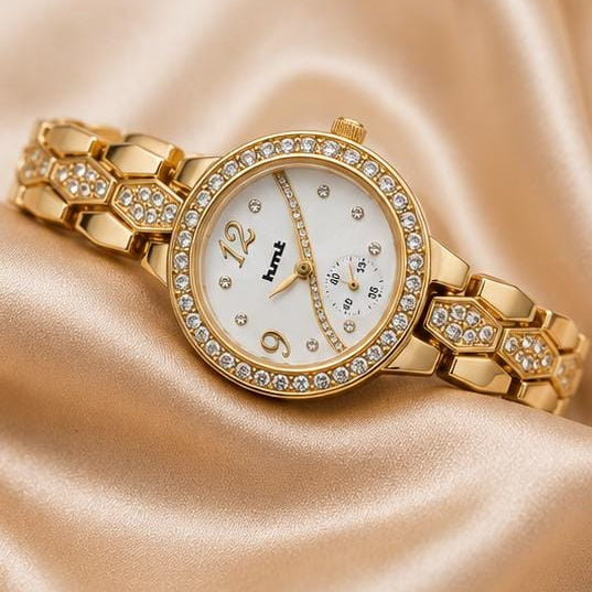 Gold Crystal Studded Bracelet Watch For Women